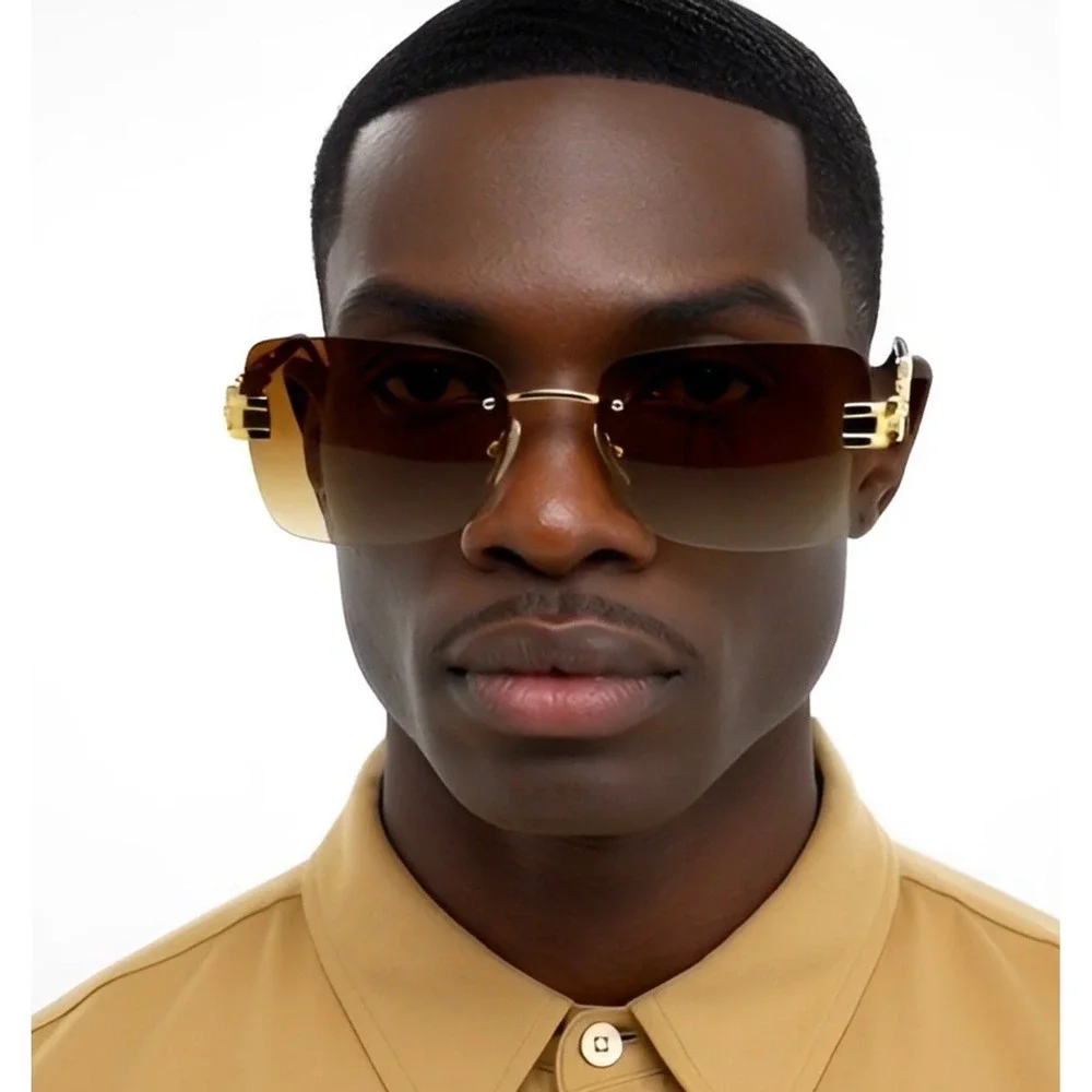 Men Sunglasses Square Gold Metal Frame Brown Lens Hip Hop Street‎ Shades Classic